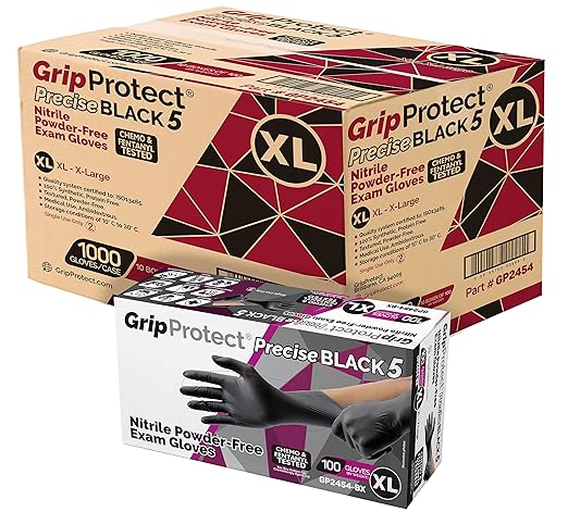 GripProtect Precise Black 5 Nitrile Exam Gloves | 5 Mil Thickness | Chemo-Rated | Medical, Law Enforcement, Tattoo, Dental, Janitorial, Food & Agriculture (XL, 1,000)