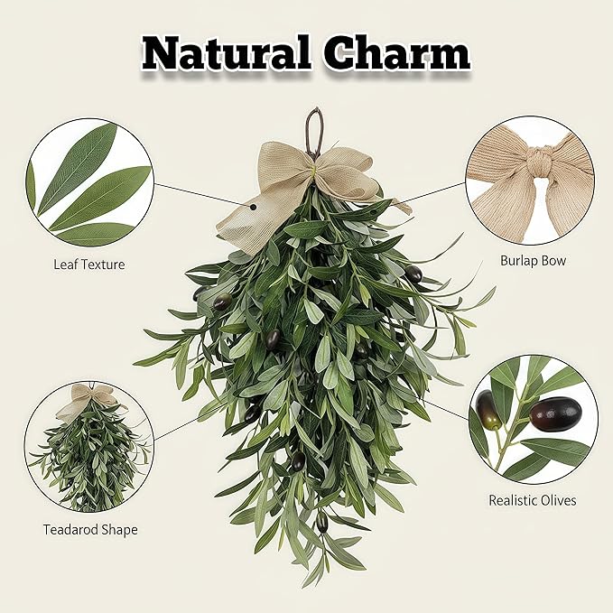 2026 Spring Olive Branch Teardrop Swag 24 Inch, Extra Full & Thick Faux Greenery with Upgraded Ribbon & Textured Leaves, Sturdy Farmhouse Hanging Wreath for Door, Wedding Arch, Kitchen, Bathroom Decor