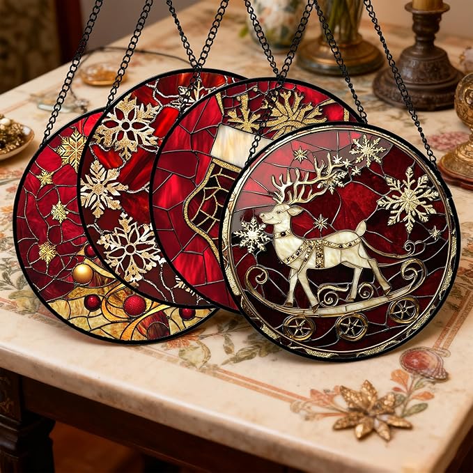 DASTOLL Stained Glass Window Hanging 4 Pcs Set Red Christmas Elk Snowflakes 6.3" - Deer Suncatcher Door Garden Sun Catcher Decor Birthday for Mom Woman Nana Men Friend