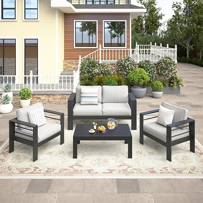 Wisteria Lane 4-Piece Outdoor Patio Furniture Set, Outdoor Sectional Furniture with Upgraded Cushions, Outdoor Conversation Seating Set for Balcony, Garden, Deck, Backyard, Black