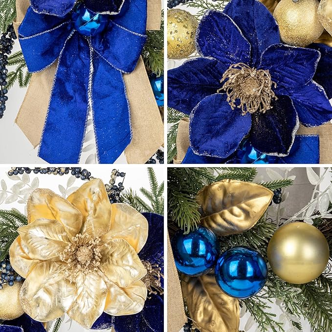 24 Inch Blue and Gold Christmas Wreaths for Front Door with Magnolia Berries, Christmas Door Wreath with Bow Balls, Pine Needles for Home Wall Window Indoor Outdoor Xmas Decorations & Holiday Decor