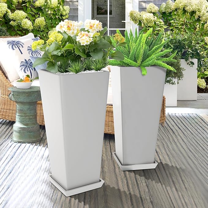 TUYOHW Set of 2 Tall Planters, 24" Large Indoor Outdoor Flower Pots with Tray, Modern Tapered Planters for Porch, Patio, Garden, Backyard(White)