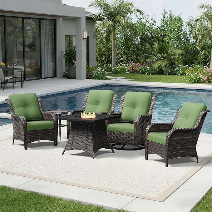 Joyside 6 Piece Wicker Patio Furniture Set with Fire Pit Table, Rattan Patio Chairs with High Back, Deep Seating, Wide Armrest, Thickened Cushions, Outdoor Furniture for Deck, Porch Use