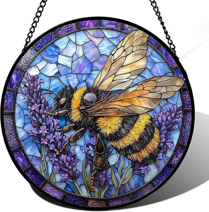 DASTOLL Stained Glass Window Hanging, Bee Lavender Sun Catchers Diamond Glass Panel Hangings Insect Suncatcher Decor for Birthday for Women, Men, Wife, Aunt, and Mom 14.9x14.9 in