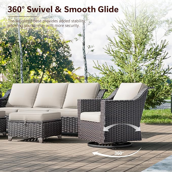 5 Pieces Wicker Patio Furniture, Luxury Outdoor Furniture with 2 Patio Swivel Chair, 2 Patio Ottoman and 1 Side Table, Wide Armrest, Thickened Cushions, Ideal for Deck, Porch Use
