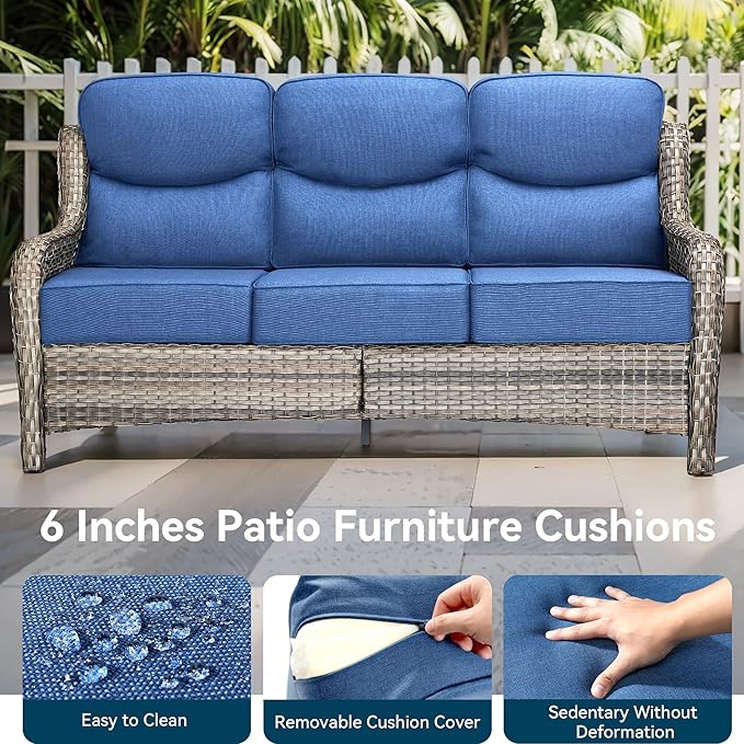 Luxury High Back Outdoor Furniture 6-Inch Thick Cushions with 50,000 BTU Gas Propane Fire Pit Tablet, Patio Furniture Set with Swivel Chairs, 8 PCS for Porch, Balcony, Deck and Yard