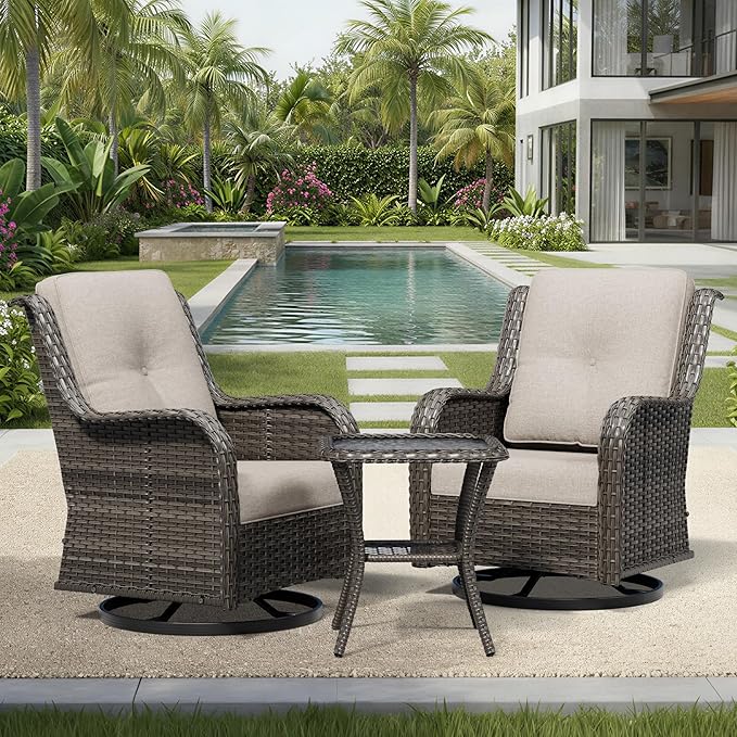 Joyside 3 Piece Wicker Patio Furniture Set, Outdoor Swivel Rocker Patio Chairs with High Back, Deep Seating, Wide Armrest, Thickened Cushions, Outdoor Furniture for Deck, Porch Use