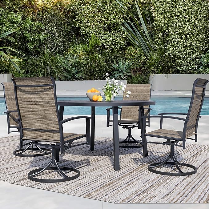 5 Pieces Outdoor Table and Chairs for 4, 42" Black Round Table with 4 Mocha Swivel Chairs, Patio Set with Swivel Chair, Garden Tables for Outdoor, Patio Dining Set for Lawn Backyard Poolside