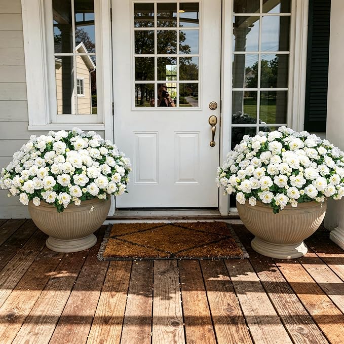 Ivydale Artificial Fake White Flowers Plants for Spring Outdoor Outside, Faux Silk Camellia UV Resistant Realistic for Front Door Porch Patio Balcony Garden Yard Decor, 3 Large Bundles