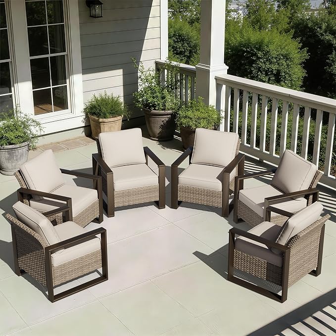 Joyside Outdoor Patio Chairs Set, 6 Pieces Wicker Rattan Chairs with Metal Wide Armrest, Thick Cushions and Deep Seating for Garden, Backyard, Porch, Deck