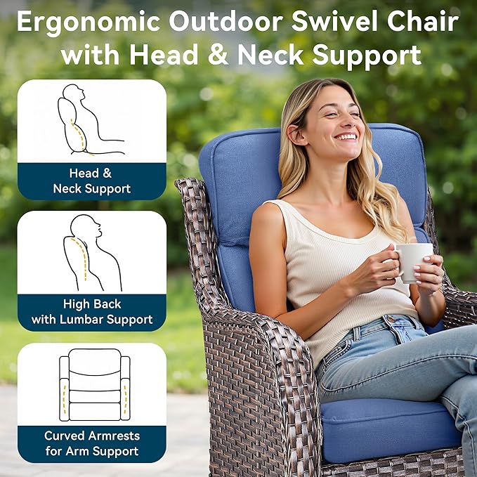 Luxury High Back Outdoor Furniture with 6-Inch Thick Cushions, Patio Furniture Set with Swivel Chairs, 8 PCS Wicker Conversation Set for Porch, Balcony, Deck and Yard