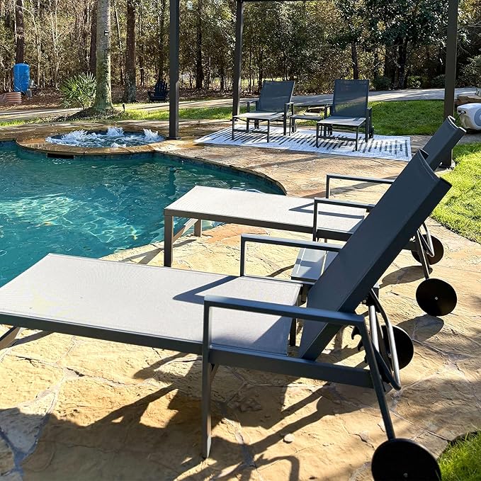 PURPLE LEAF Modern Charcoal Grey Patio Chaise Lounge Set for 2 with Adjustable Pool Chaise Lounge Chair and Table Included