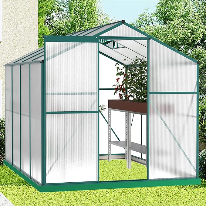 Favfurish 8x6 FT Greenhouses for Outdoors, Outside Heavy Duty Walk in Green House for Garden Plants, UV Protection Adjustable Roof Vent, Thermostatic Waterproof and Insect Resistant, Green