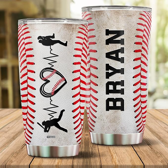 WONWIX Personalized Baseball Tumbler Gifts 20oz Travel Cup Coffee Mug Stainless Steel Insulated with Lid Gift for Men Women Sports Lovers Baseball Fan Players Coach