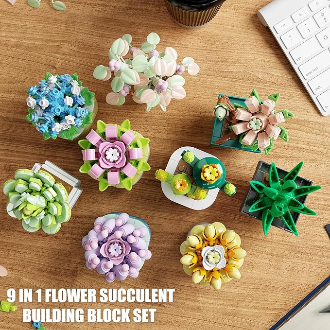 TYCOLE 9 in 1 Tiny Flowers Succulents Artificial Plant Set-Creative Botanical Building Block Toy, Botanical Collection for Office&Home Decor, Birthday Gift for Adults and Kids 8-12(832 PCS)