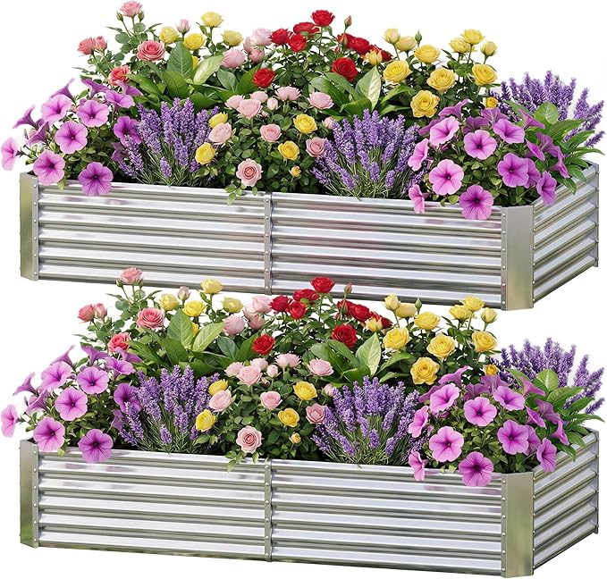 AHEONLAR 2 Pack 8×4×1.5ft Galvanized Raised Garden Beds Outdoor, Rectangle Sturdy and Durable Planter Boxes for Vegetables, Fruits, Flowers and Plants, Easy Assembly, Silver