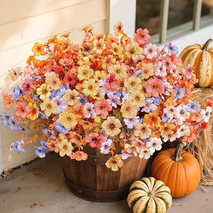 florisso Artificial Fall Flowers Fake Mums for Outdoor Autumn Decoration, 12 Bundles Faux Silk Orange Yellow Mums Daisy Look Real UV Resistant for Outside Home Porch Patio Planter (Fall-6multicolor)