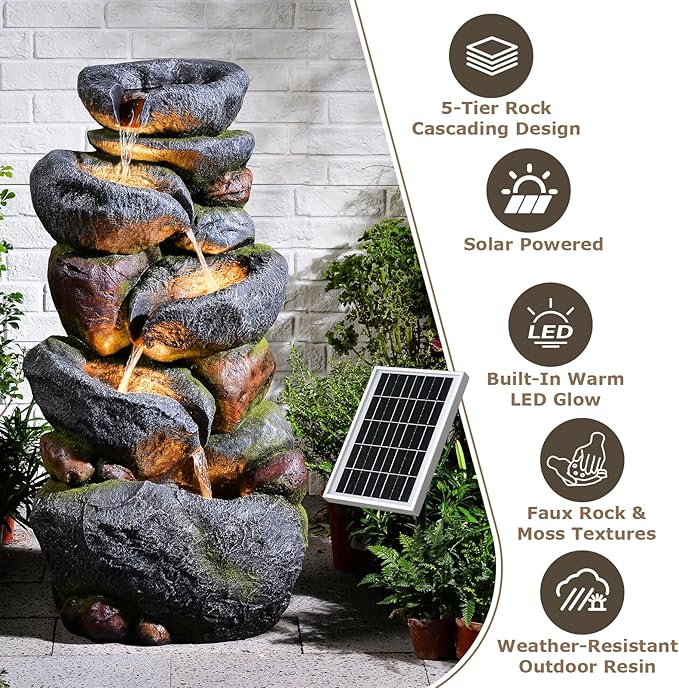 5-Tier Rock Solar Water Fountain Outdoor Garden, 36.2''Tall Cascading Natural Solar Powered Fountain Outdoor with LED Lights, Water Feature for Garden, Patio, Deck, Backyard Decor