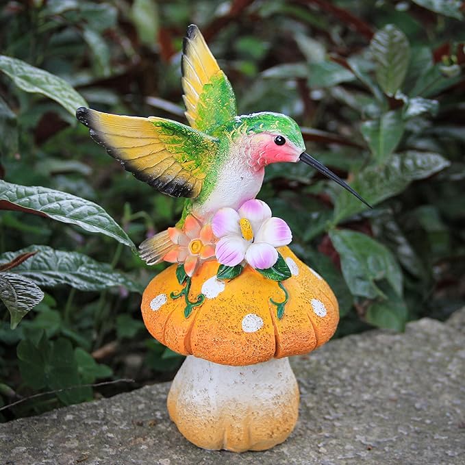 Smadeer Hummingbird Stand on Mushroom for Garden Decorations,Hummingbird Statue for Outdoor Backyard Yard Porch Patio Lawn Outside Indoor Home Shelf Decor Accents,Bird Sculpture Figurine