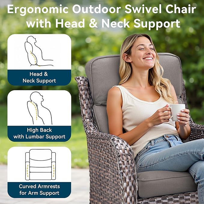Luxury High Back Outdoor Furniture with 6-Inch Thick Cushions, Patio Furniture Set with Swivel Chairs, 7 PCS Wicker Conversation Set for Porch, Balcony, Deck and Yard