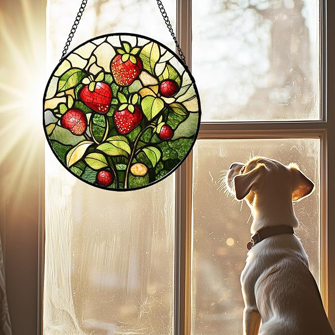 HWRHTR Stained Glass Window Hanging - Red Strawberry Suncatcher for Doors Window Home Green Plant Sun Catchers Decor Christmas Mother's Day Birthday Gifts for Teacher Women Men Mom Nana 7.8 in