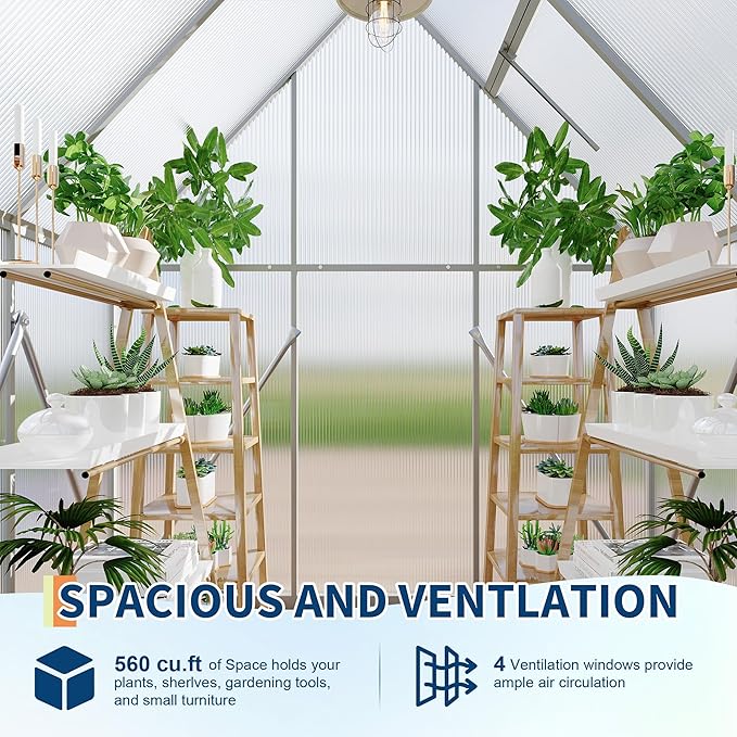 6X4 ft Polycarbonate Greenhouse with Aluminum Frame, Polycarbonate Greenhouse for Outdoors, Greenhouses with Ventilation, Aluminum Large Walk-in Greenhouses for Outside