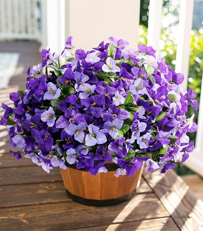 Artificial Spring Flowers for Outdoors, 4 Bundles Fake Bougainvillea UV Resistant Silk Flowers for Outside Faux Outdoor Plants for Planter Patio Porch Window Garden Home Decoration, Mixed Purple