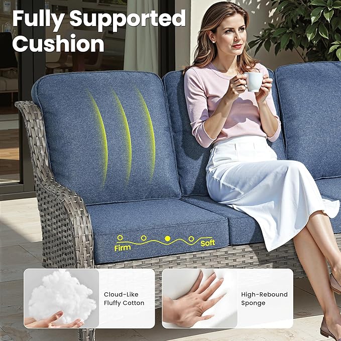 ovios 7 Pieces Patio Furniture Set, Outdoor Wicker Sofa Couch with Swivel Chairs Solar Lights Table, High Back Modern All Weather Conversation Sets, Grey Rattan, Denim Blue