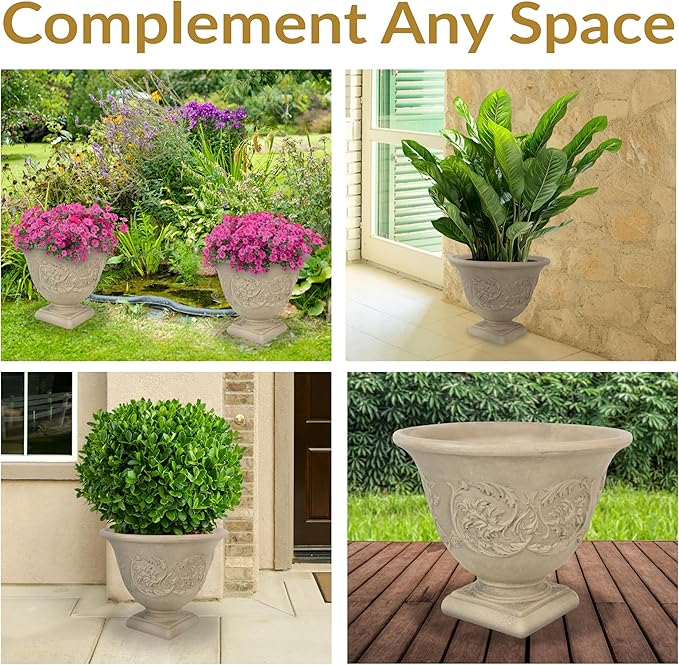 Sunnydaze 16-Inch Darcy Round Plant Pot - Polyresin Large Outdoor Urn Planter with Drillable Drainage Hole - 2 Pack - Beige