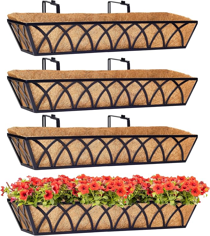 30 Inch Window Deck with Coco Liner, Fence Metal Hanging Flower Planter Window Basket Deck Railing Planter Boxes for Outdoor Garden Lawn，30" Window Boxes Horse Trough with Coconut Coir Liner, 4pcs