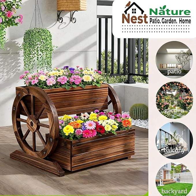NestNature Wooden Wagon Planter Box,Raised Garden Bed,Decorative Garden Planters with Wheels-Outside Flower Pots for Indoor/Outdoor Décor Plants