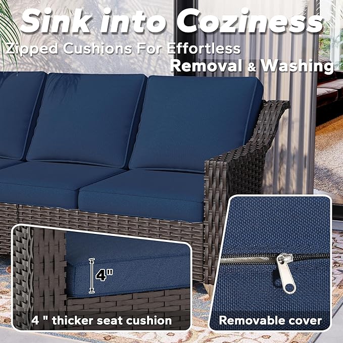9 Pieces Patio Conversation Furniture Set - 1 Sofa, 2 Ottomans, 4 Swivel Chairs, 2 Side Tables, Outdoor Wicker Furniture with Removable Cushions for Porch, Balcony, Sunroom (Blue)