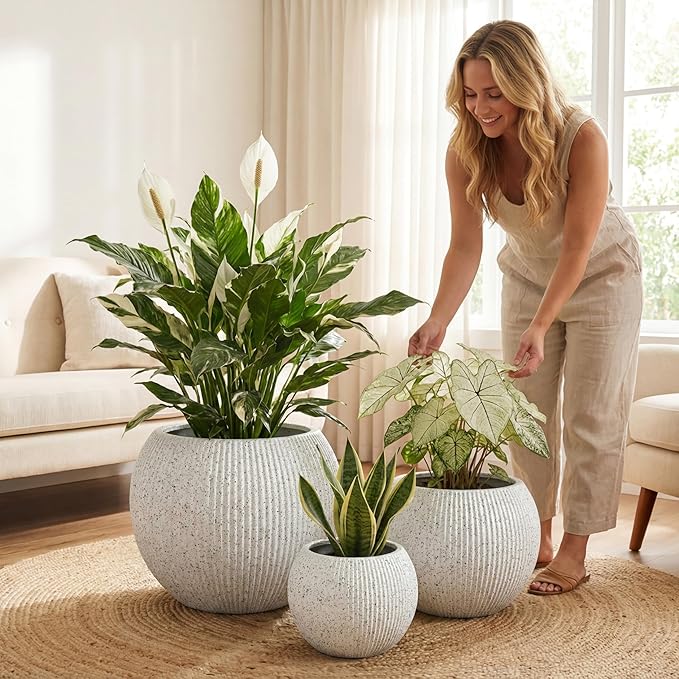 DTY Signature Mount Sherman Modern Indoor Outdoor Fiberstone Sphere Planter, Durable Round Garden Pot, Weather Resistant, Drainage Hole & Rubber Plug (Ribbed White, Medium)