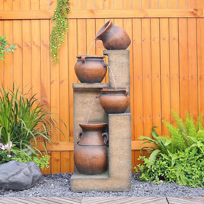 Water Fountain Outdoor Fountain with Lights - 53 Inches 4 Tiered Floor Standing Outdoor Water Fountains and Waterfalls for Garden, Patio, Backyard, Porch Home Art Decor