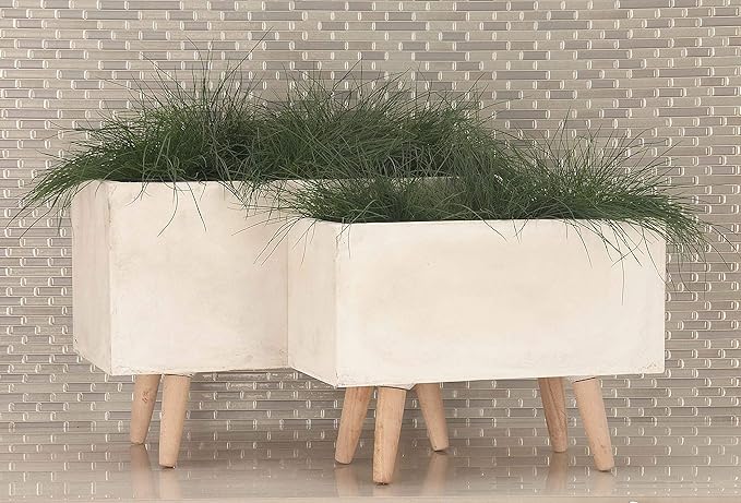 Deco 79 Fiberclay Ceramic Indoor Outdoor Planter Rectangular Large Planter Pot with Brown Wooden Legs, Set of 2 Planters 21", 17"W, White