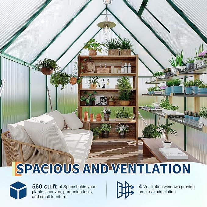 Polycarbonate Greenhouse for Outdoors, Large Walk-InGreenhouse with Quick Setup Structure and Roof Vent, Greenhouse with Ventilation