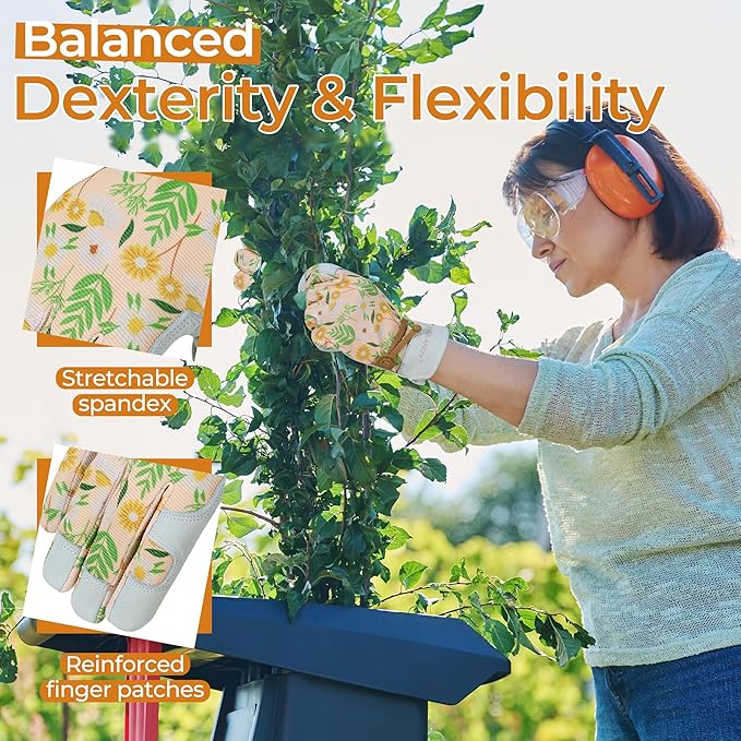 HANDLANDY Work Gloves for Women, Breathable Leather Gardening Glove for Yard Maintenance, Hand Protection with Touch Screen for Gardeners, Farmers