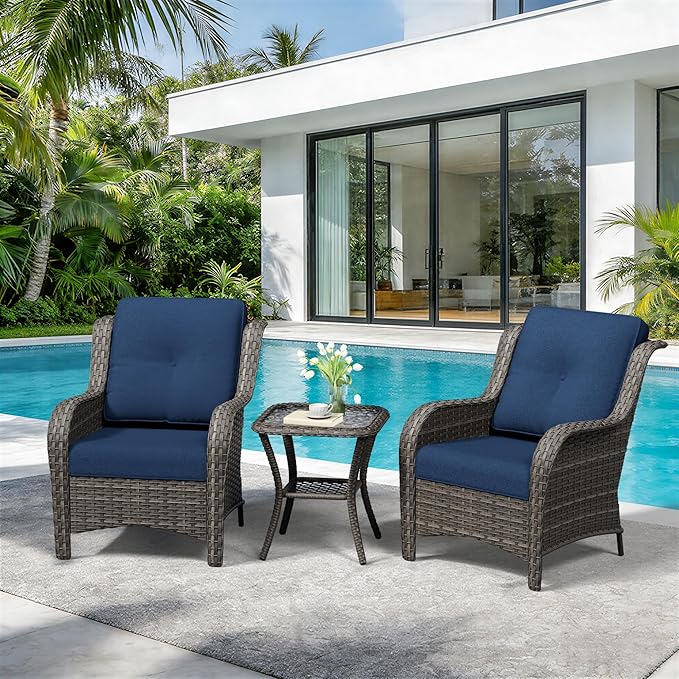 3 Pieces Outdoor Wicker Patio Furniture Set - Patio Chairs Set with Thickened Olefin Cushions, High Back and Deep Seating, Curved Armrest, PE Rattan for Porch, Deck, Balcony,Blue