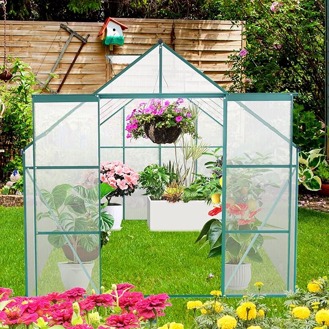 Favfurish 8×10 FT Greenhouses for Outdoors,Polycarbonate Greenhouse, Aluminum Heavy Duty Walk-in Garden Plants Green Houses, Raised Base and Double Sliding Door for Outside Backyard, Green