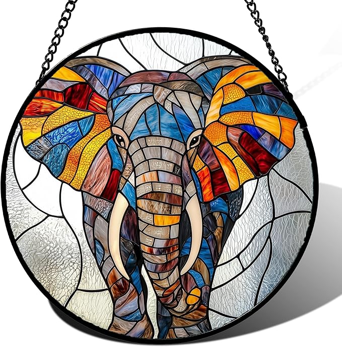 AMDERVEN Stained Glass Window Hanging, Colorful Elephant Sun Catcher for Door Home Decor Animal Suncatcher Christmas Mother's Day Birthday Gifts for Women Men Mom and Nana 11.8 in