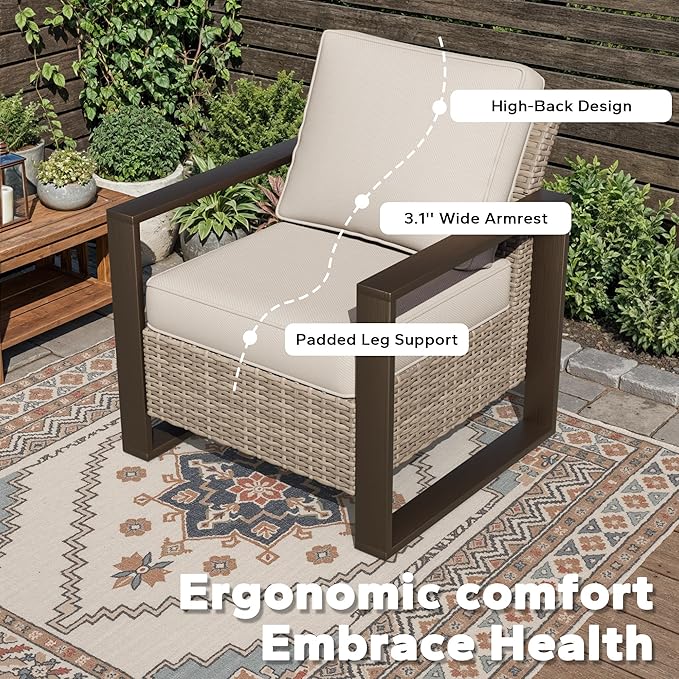 Joyside Outdoor Patio Chairs, 3 Pieces Wicker Rattan Furniture Set, 2 Patio Chairs and 1 Table, Metal Wide Armrest, Thick Cushions and Deep Seating for Garden, Backyard, Porch, Deck