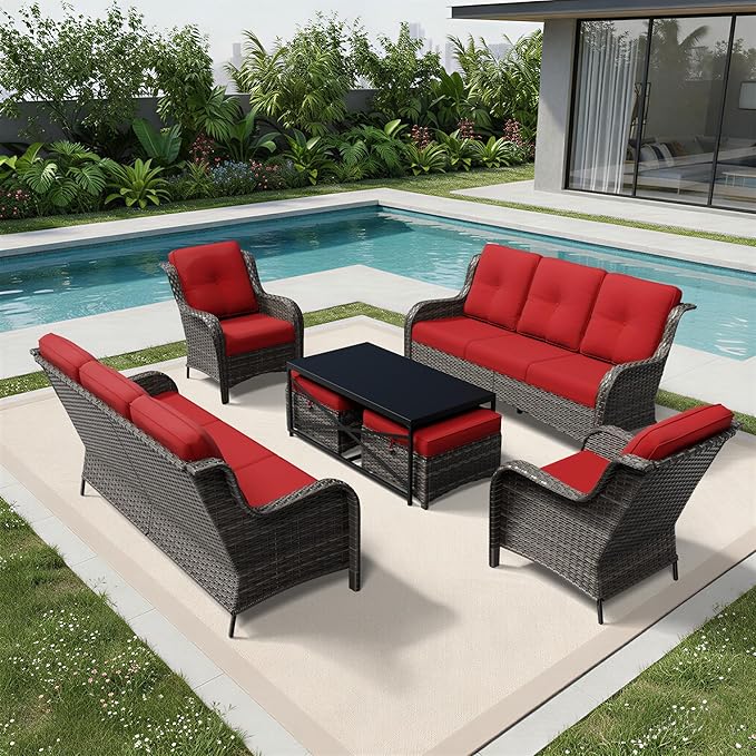Joyside 7 Piece Wicker Patio Furniture Set, Rattan Patio Chairs with High Back, Deep Seating, Wide Armrest, Thickened Cushions, Outdoor Furniture for Deck, Porch Use