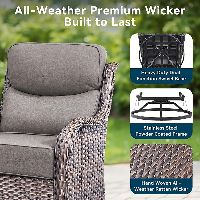 Luxury High Back Outdoor Furniture with 6-Inch Thick Cushions, Patio Furniture Set with Swivel Chairs, 6 PCS Wicker Conversation Set for Porch, Balcony, Deck and Yard