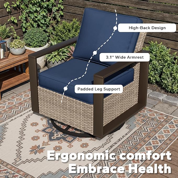 Joyside Outdoor Patio Swivel Rocker Chairs, 4 Pieces Wicker Furniture Set, 2 Swivel Rocking Chairs and 2 Ottoman, Metal Wide Armrest, Thick Cushions and Deep Seating for Garden, Backyard, Porch, Deck
