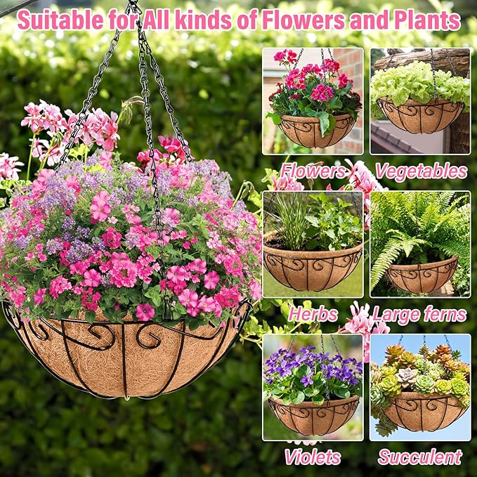 Legigo 6 Pack 14 Inch Metal Hanging Baskets for Plants Outdoor- Round Wire Hanging Planters Basket with Coconut Coir Liner, Hanging Flower Pot for Outdoor Plants Flowers Garden Decorations