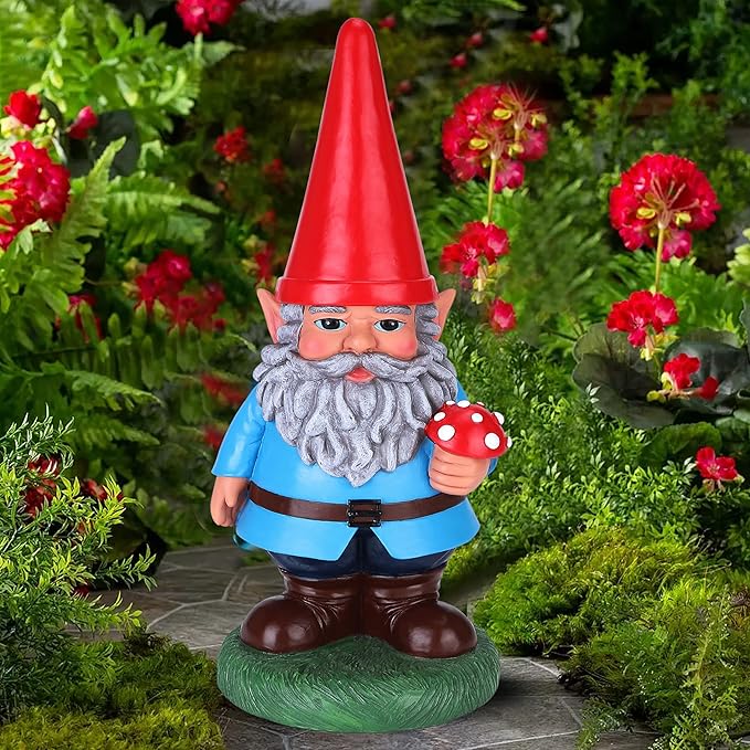 Garden Gnome Holding Mushroom - Funny Yard Ornament - Classic Gnome Decor - 14 Inch Tall