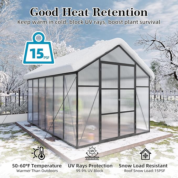 8x12T Greenhouse,Outdoor Polycarbonate Greenhouse with Roof Vent & Drainage System,Heavy Duty Aluminum Walk-in Green Houses for Outside Garden Backyard,Easy Assembly,Black