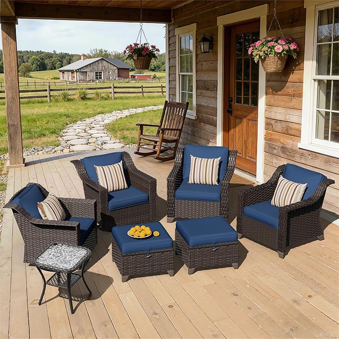 7 Pieces Patio Conversation Furniture Set - 2 Armchairs, 2 Ottomans, 2 Swivel Chairs, 1 Side Table, Outdoor Wicker Furniture with Removable Cushions for Porch, Balcony, Sunroom (Blue)