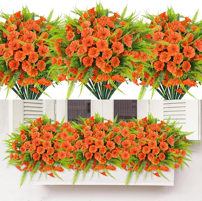 HIAGROW Artificial Fall Flowers for Outdoors 12 Bundles Fake Mums Petunias Flowers UV Resistant Shrubs Plants with Fern for Indoor Outside Hanging Planters Home Garden Autumn Thanksgiving Decorations