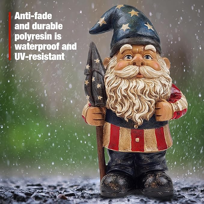 Better Office Products Garden Gnome Statue, 12" Height, Handcrafted Waterproof, UV-Resistant Polyresin Lawn Patio Porch Ornament Decoration (Yankee Doodle Patriot)